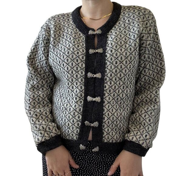 Vintage LL Bean Womens Gray Birdseye Wool Norwegian Nordic Fisherman Cardigan M - Picture 1 of 7